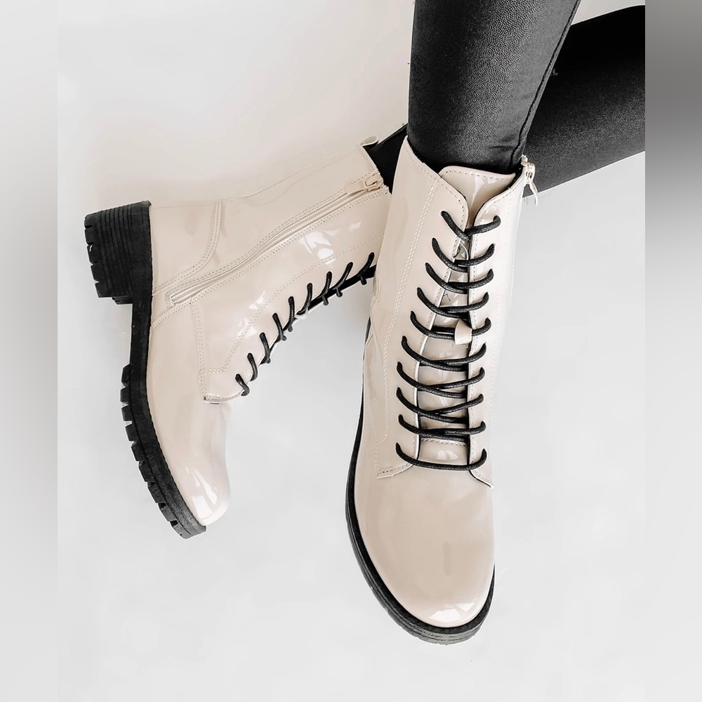 NEW Cupid Combat Boots Patent Leather Platform Lace & Zip Up Off White & Black